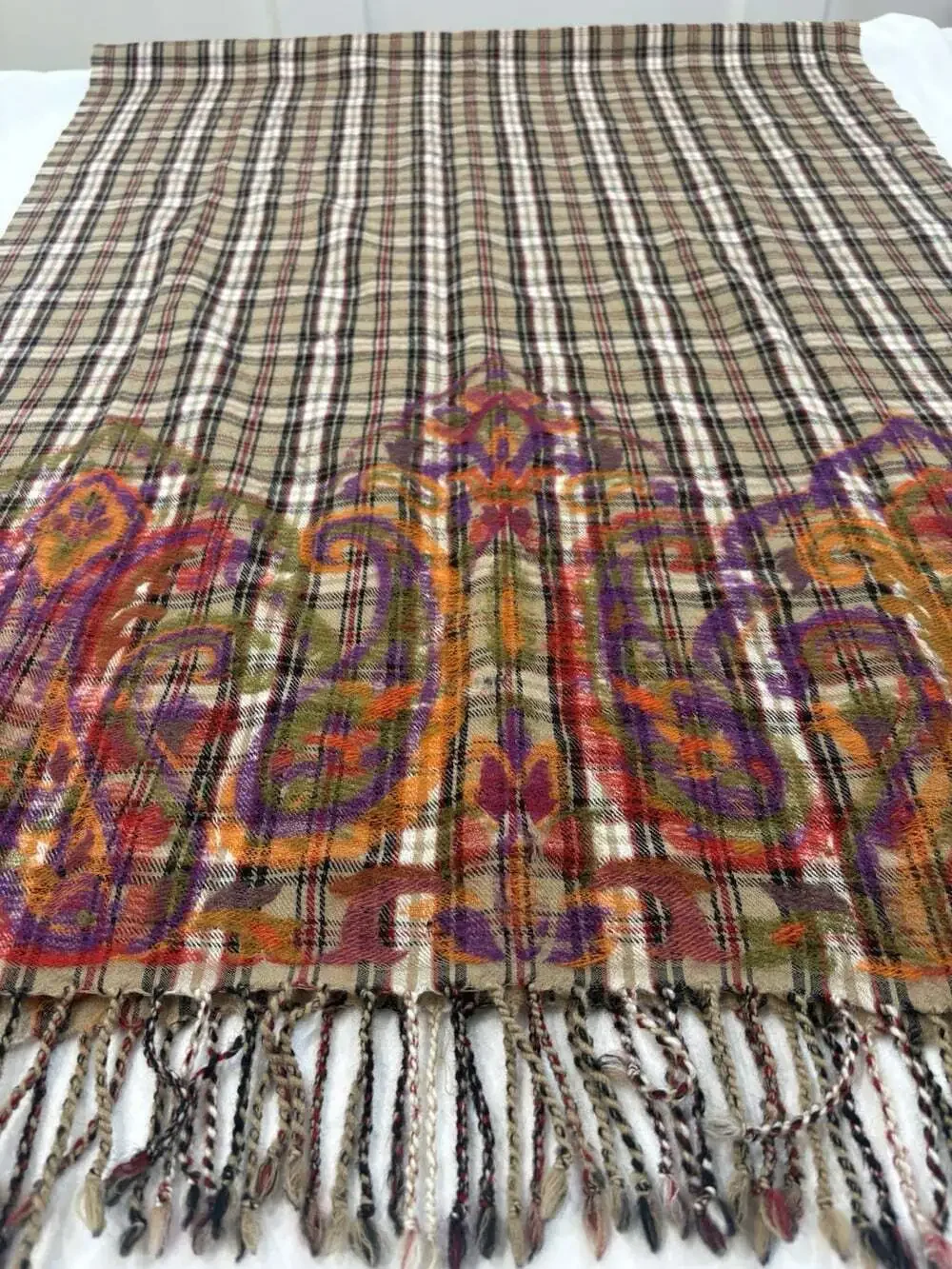 Premiere Pashmina 100 % Wool Plaid Scarf  Multicolor 27”W X 73”L